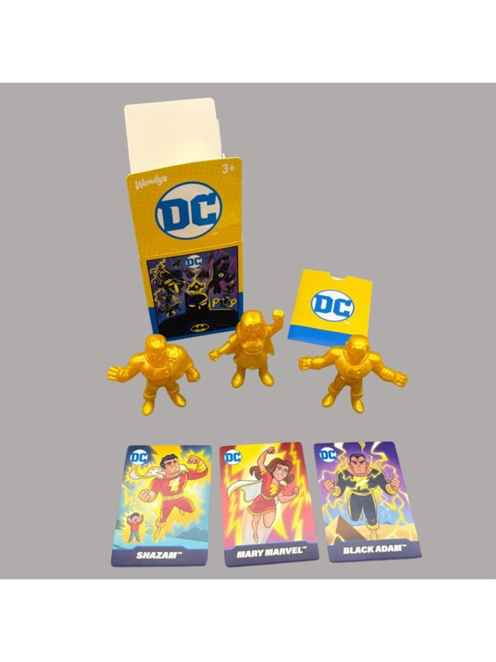 DC Comics Wendys Kids Meal Shazam Mary Marvel Black Adam Gold Mini Figures Cards